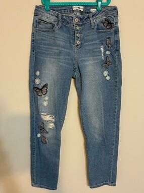 Black Daisy Blue Embroidered Butterfly Distressed Jeans 9
